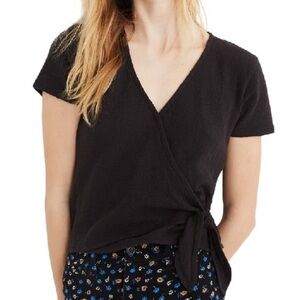 Madewell Women's XS Black Wrap-Tie Short Sleeve V-Neck Blouse Casual